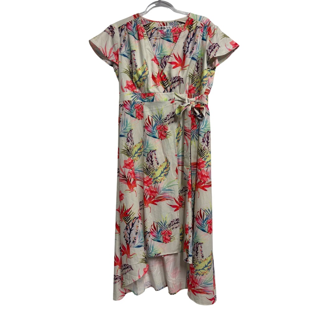 💥🏷️Bollie High Low Maxi Dress L White Tropical Floral Faux Wrap Boho Resort - Picture 2 of 11